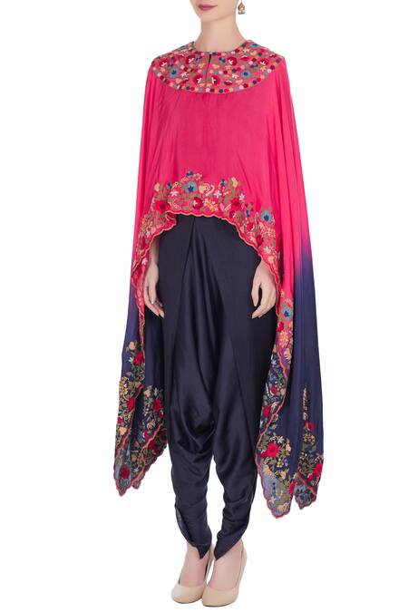 Buy Debyani + CO Blue Chanderi, Modal Satin, Habutai Silk Floral Round Cape With Draped Pants Online at Aza Fashions Buy_Debyani + CO_Blue Chanderi, Modal Satin, Habutai Silk Floral Round Cape With Draped Pants _Online_at_Aza_Fashions