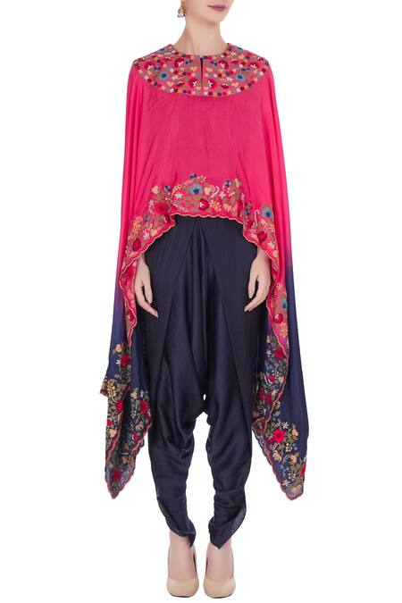 Shop Debyani + CO Blue Chanderi, Modal Satin, Habutai Silk Floral Round Cape With Draped Pants Online at Aza Fashions Shop_Debyani + CO_Blue Chanderi, Modal Satin, Habutai Silk Floral Round Cape With Draped Pants _Online_at_Aza_Fashions