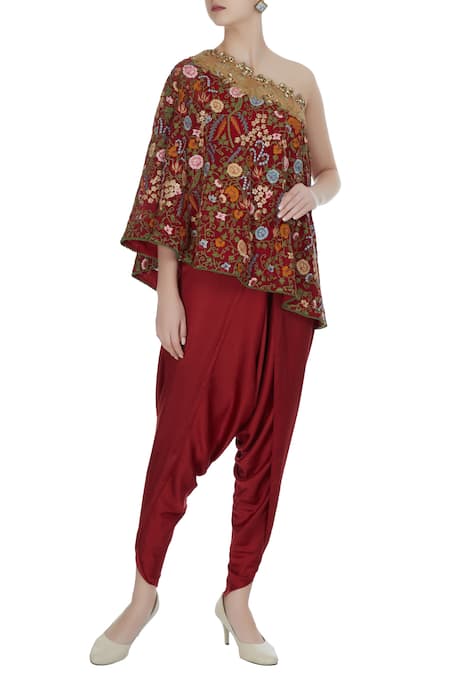 Debyani + CO Maroon Chiffon, Modal Off-shoulder Floral Embroidered Cape With Draped Pants