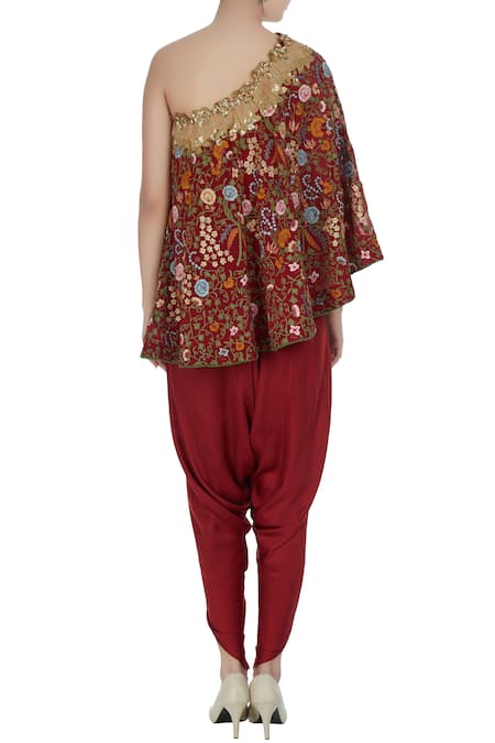 Shop Debyani + CO Maroon Chiffon, Modal Off-shoulder Floral Embroidered Cape With Draped Pants at Aza Fashions Shop_Debyani + CO_Maroon Chiffon, Modal Off-shoulder Floral Embroidered Cape With Draped Pants _at_Aza_Fashions