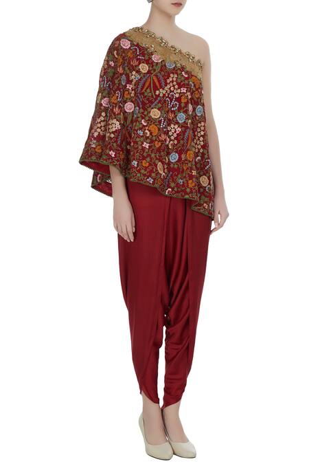 Debyani + CO Maroon Chiffon, Modal Off-shoulder Floral Embroidered Cape With Draped Pants Online at Aza Fashions Debyani + CO_Maroon Chiffon, Modal Off-shoulder Floral Embroidered Cape With Draped Pants _Online_at_Aza_Fashions