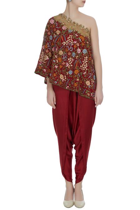 Shop Debyani + CO Maroon Chiffon, Modal Off-shoulder Floral Embroidered Cape With Draped Pants Online at Aza Fashions Shop_Debyani + CO_Maroon Chiffon, Modal Off-shoulder Floral Embroidered Cape With Draped Pants _Online_at_Aza_Fashions