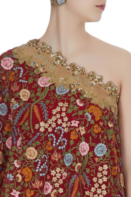 Debyani + CO Maroon Chiffon, Modal Off-shoulder Floral Embroidered Cape With Draped Pants at Aza Fashions Debyani + CO_Maroon Chiffon, Modal Off-shoulder Floral Embroidered Cape With Draped Pants _at_Aza_Fashions