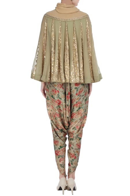 Shop Debyani + CO Green Georgette Chiffon, Printed Satin Embroidered Cape With Floral Dhoti Pants at Aza Fashions Shop_Debyani + CO_Green Georgette Chiffon, Printed Satin Embroidered Cape With Floral Dhoti Pants _at_Aza_Fashions