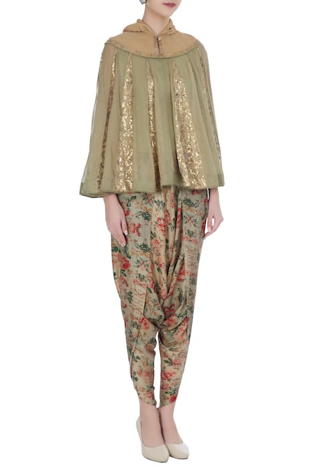 Debyani + CO Green Georgette Chiffon, Printed Satin Embroidered Cape With Floral Dhoti Pants Online at Aza Fashions Debyani + CO_Green Georgette Chiffon, Printed Satin Embroidered Cape With Floral Dhoti Pants _Online_at_Aza_Fashions