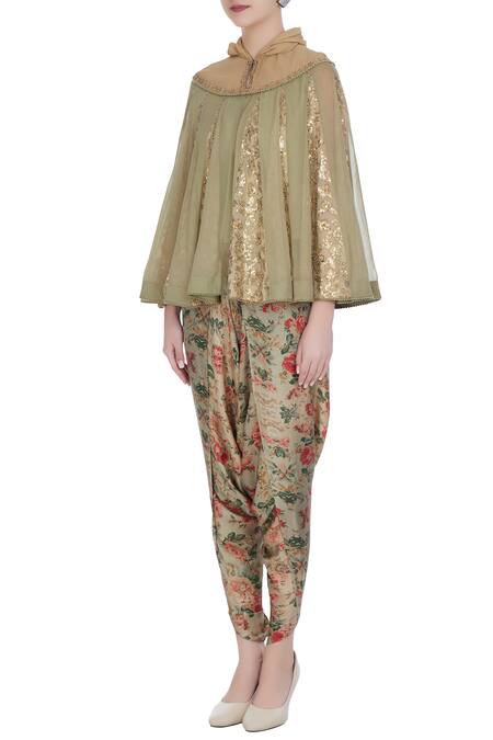 Buy Debyani + CO Green Georgette Chiffon, Printed Satin Embroidered Cape With Floral Dhoti Pants Online at Aza Fashions Buy_Debyani + CO_Green Georgette Chiffon, Printed Satin Embroidered Cape With Floral Dhoti Pants _Online_at_Aza_Fashions