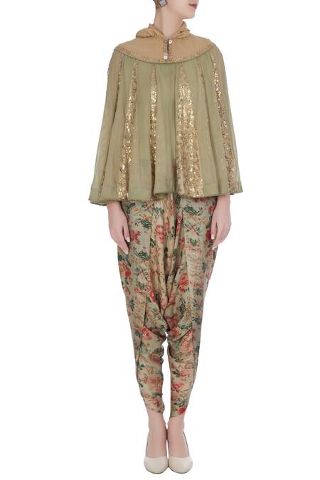 Shop Debyani + CO Green Georgette Chiffon, Printed Satin Embroidered Cape With Floral Dhoti Pants Online at Aza Fashions Shop_Debyani + CO_Green Georgette Chiffon, Printed Satin Embroidered Cape With Floral Dhoti Pants _Online_at_Aza_Fashions