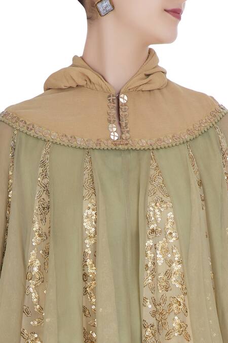 Debyani + CO Green Georgette Chiffon, Printed Satin Embroidered Cape With Floral Dhoti Pants at Aza Fashions Debyani + CO_Green Georgette Chiffon, Printed Satin Embroidered Cape With Floral Dhoti Pants _at_Aza_Fashions