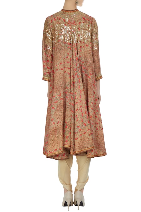Shop Debyani + CO Multi Color Chanderi, Modal Printed Gold Embroidered Jacket With Dhoti Pants at Aza Fashions Shop_Debyani + CO_Multi Color Chanderi, Modal Printed Gold Embroidered Jacket With Dhoti Pants _at_Aza_Fashions