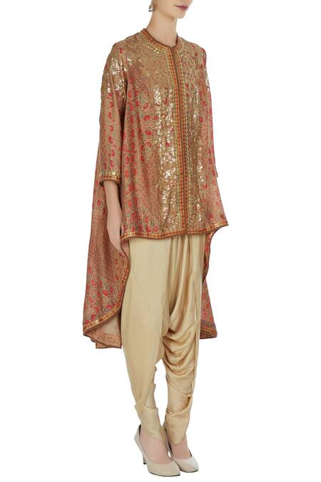 Debyani + CO Multi Color Chanderi, Modal Printed Gold Embroidered Jacket With Dhoti Pants Online at Aza Fashions Debyani + CO_Multi Color Chanderi, Modal Printed Gold Embroidered Jacket With Dhoti Pants _Online_at_Aza_Fashions