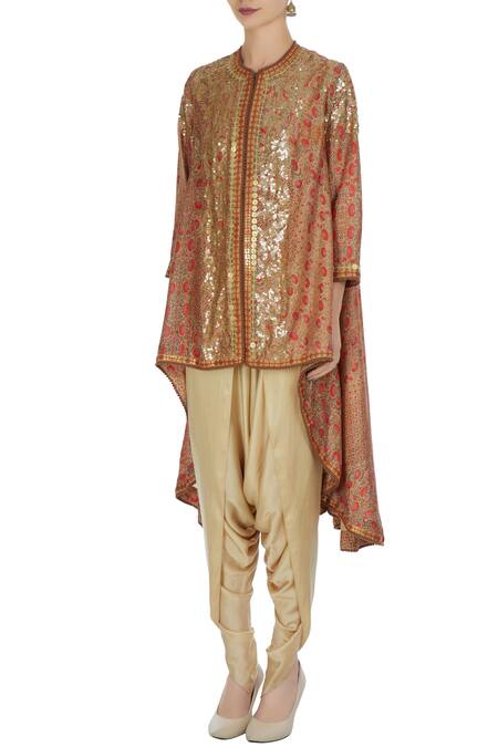 Buy Debyani + CO Multi Color Chanderi, Modal Printed Gold Embroidered Jacket With Dhoti Pants Online at Aza Fashions Buy_Debyani + CO_Multi Color Chanderi, Modal Printed Gold Embroidered Jacket With Dhoti Pants _Online_at_Aza_Fashions