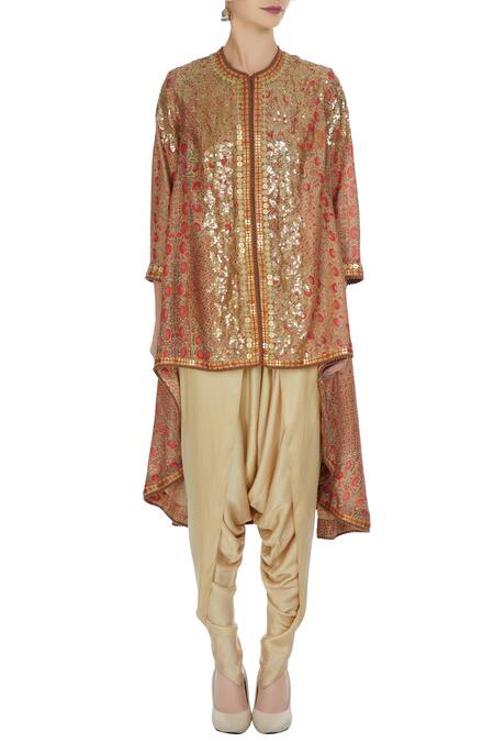 Shop Debyani + CO Multi Color Chanderi, Modal Printed Gold Embroidered Jacket With Dhoti Pants Online at Aza Fashions Shop_Debyani + CO_Multi Color Chanderi, Modal Printed Gold Embroidered Jacket With Dhoti Pants _Online_at_Aza_Fashions