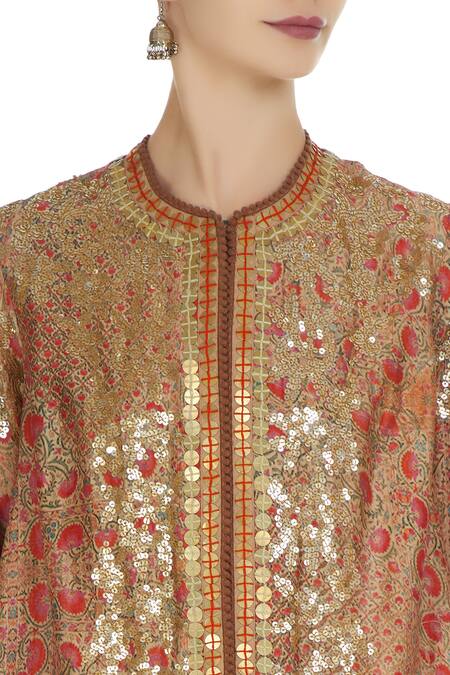 Debyani + CO Multi Color Chanderi, Modal Printed Gold Embroidered Jacket With Dhoti Pants at Aza Fashions Debyani + CO_Multi Color Chanderi, Modal Printed Gold Embroidered Jacket With Dhoti Pants _at_Aza_Fashions