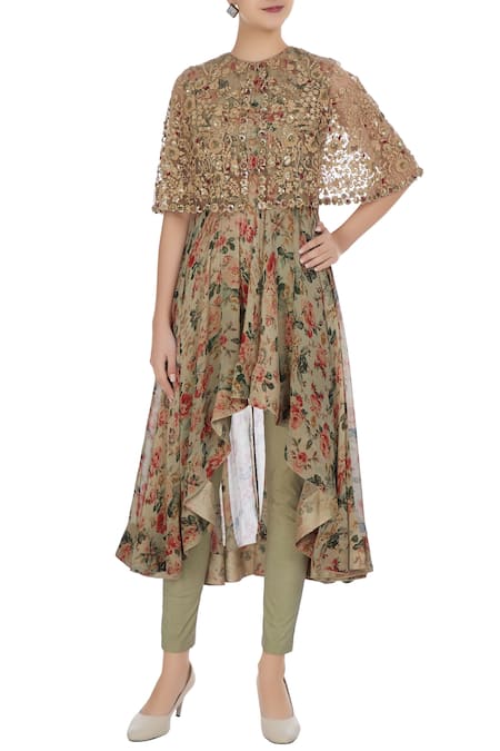 Debyani + CO Green Chiffon, Lycra, Soft Net Floral Rose Printed Attached Cape Tunic And Pants