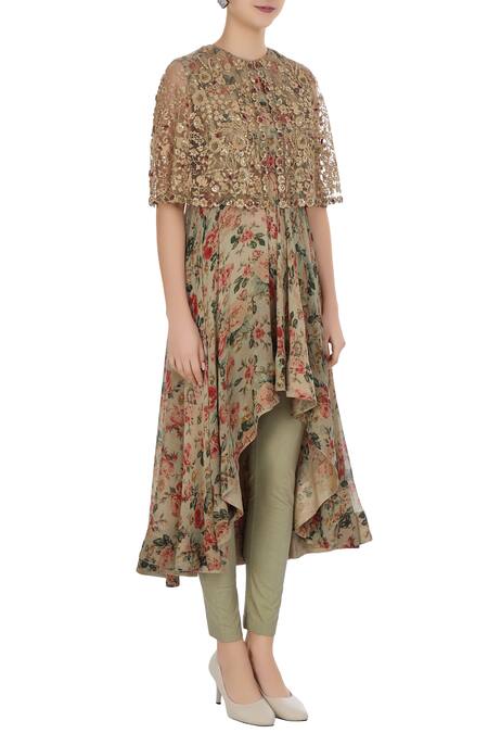 Debyani + CO Green Chiffon, Lycra, Soft Net Floral Rose Printed Attached Cape Tunic And Pants Online at Aza Fashions Debyani + CO_Green Chiffon, Lycra, Soft Net Floral Rose Printed Attached Cape Tunic And Pants _Online_at_Aza_Fashions