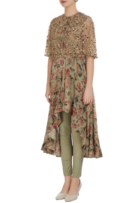 Buy Debyani + CO Green Chiffon, Lycra, Soft Net Floral Rose Printed Attached Cape Tunic And Pants Online at Aza Fashions Buy_Debyani + CO_Green Chiffon, Lycra, Soft Net Floral Rose Printed Attached Cape Tunic And Pants _Online_at_Aza_Fashions