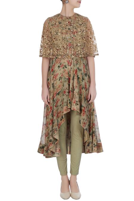 Shop Debyani + CO Green Chiffon, Lycra, Soft Net Floral Rose Printed Attached Cape Tunic And Pants Online at Aza Fashions Shop_Debyani + CO_Green Chiffon, Lycra, Soft Net Floral Rose Printed Attached Cape Tunic And Pants _Online_at_Aza_Fashions