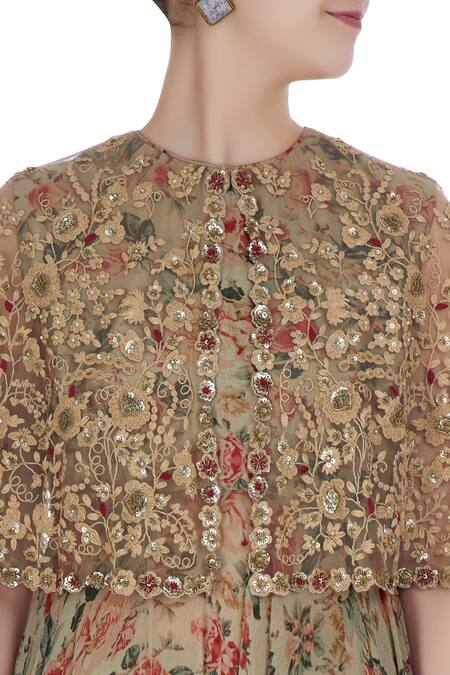 Debyani + CO Green Chiffon, Lycra, Soft Net Floral Rose Printed Attached Cape Tunic And Pants at Aza Fashions Debyani + CO_Green Chiffon, Lycra, Soft Net Floral Rose Printed Attached Cape Tunic And Pants _at_Aza_Fashions