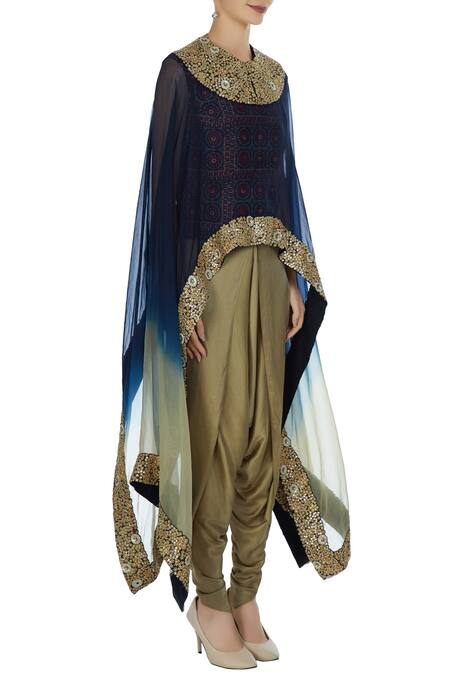 Debyani + CO Blue Chanderi, Modal Satin, Fabric Organza Cape Embellsihed And Dhoti Pant Set Online at Aza Fashions Debyani + CO_Blue Chanderi, Modal Satin, Fabric Organza Cape Embellsihed And Dhoti Pant Set _Online_at_Aza_Fashions