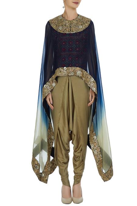 Shop Debyani + CO Blue Chanderi, Modal Satin, Fabric Organza Cape Embellsihed And Dhoti Pant Set Online at Aza Fashions Shop_Debyani + CO_Blue Chanderi, Modal Satin, Fabric Organza Cape Embellsihed And Dhoti Pant Set _Online_at_Aza_Fashions
