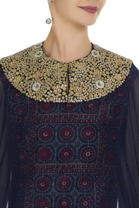 Debyani + CO Blue Chanderi, Modal Satin, Fabric Organza Cape Embellsihed And Dhoti Pant Set at Aza Fashions Debyani + CO_Blue Chanderi, Modal Satin, Fabric Organza Cape Embellsihed And Dhoti Pant Set _at_Aza_Fashions