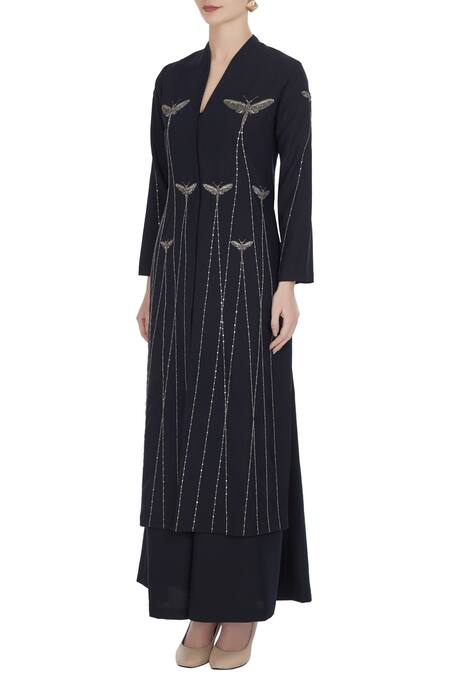 Buy_Shahin Mannan_Grey Bead And Sequin Butterfly Motif Kurta With Flared Pants_Online_at_Aza_Fashions
