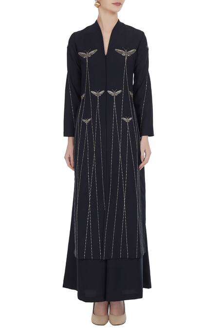 Shop_Shahin Mannan_Grey Bead And Sequin Butterfly Motif Kurta With Flared Pants_Online_at_Aza_Fashions