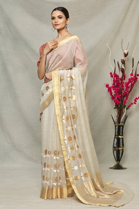 Buy_Raw Mango_White Woven Floral Saree _Online_at_Aza_Fashions