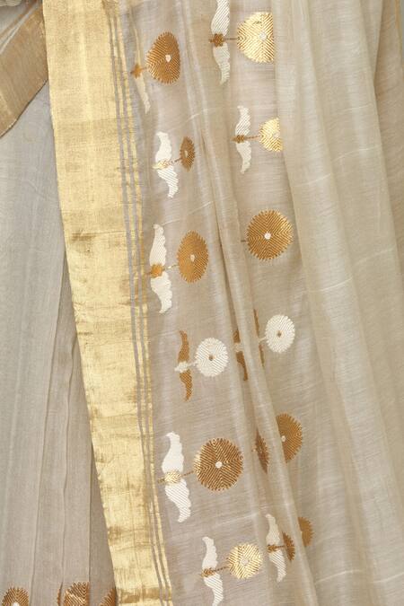 Raw Mango_White Woven Floral Saree _at_Aza_Fashions