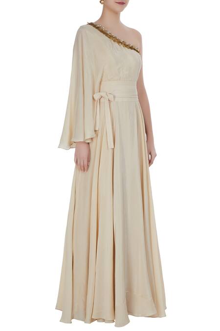 Bhumika Sharma_Off White Ivory Off-shoulder Gown With Sequin Embroidery_Online_at_Aza_Fashions