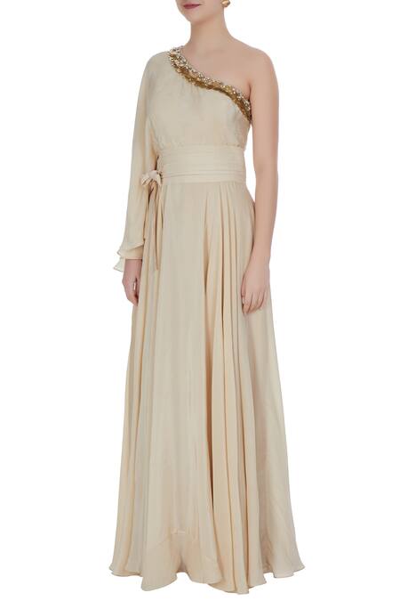 Buy_Bhumika Sharma_Off White Ivory Off-shoulder Gown With Sequin Embroidery_Online_at_Aza_Fashions