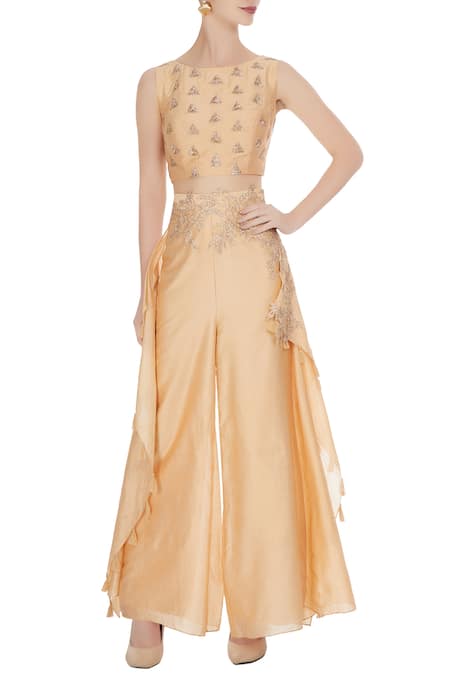 Shruti Ranka Peach crop top with embroidered palazzos 