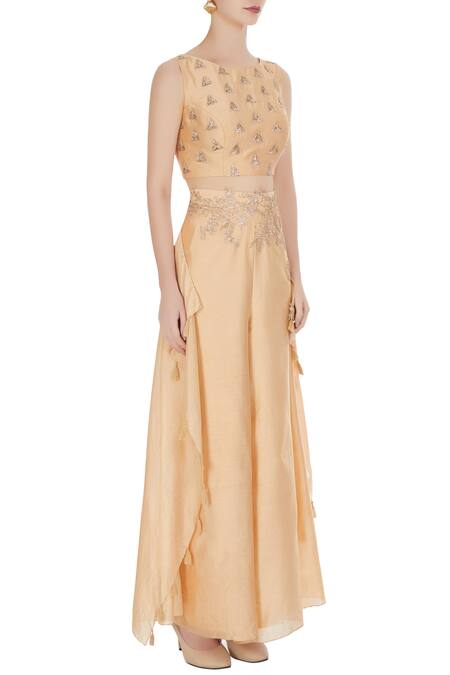 Shruti Ranka Peach Chanderi Silk Embroidered Crop Top With Palazzos Online at Aza Fashions Shruti Ranka_Peach Chanderi Silk Embroidered Crop Top With Palazzos_Online_at_Aza_Fashions