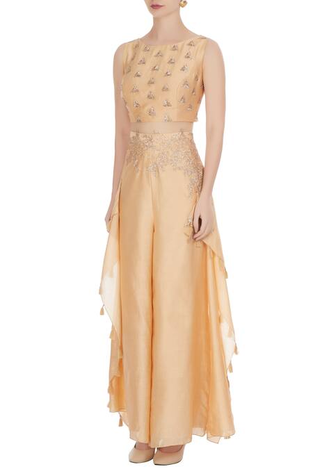 Shop Shruti Ranka Peach Chanderi Silk Embroidered Crop Top With Palazzos Online at Aza Fashions Shop_Shruti Ranka_Peach Chanderi Silk Embroidered Crop Top With Palazzos_Online_at_Aza_Fashions
