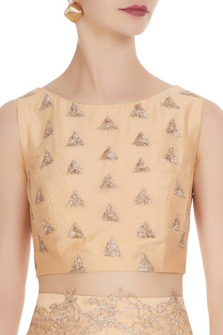 Shruti Ranka Peach Chanderi Silk Embroidered Crop Top With Palazzos at Aza Fashions Shruti Ranka_Peach Chanderi Silk Embroidered Crop Top With Palazzos_at_Aza_Fashions