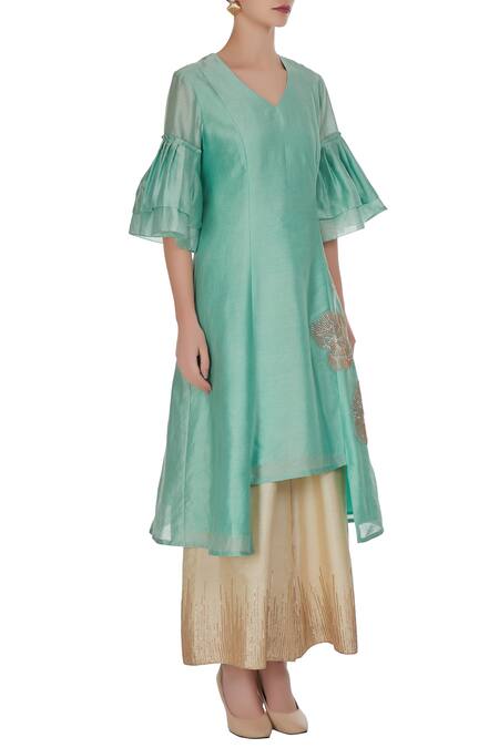 Shruti Ranka_Blue Sky Asymmetrical Tunic With Embroidered Palazzos_Online_at_Aza_Fashions