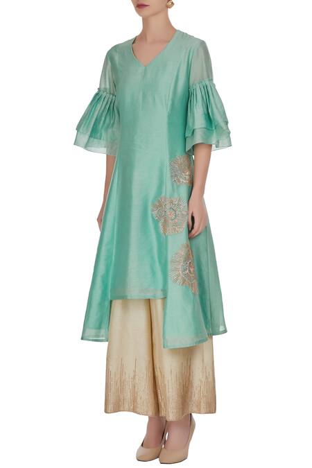 Buy_Shruti Ranka_Blue Sky Asymmetrical Tunic With Embroidered Palazzos_Online_at_Aza_Fashions