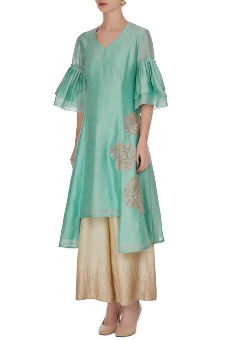 Shop_Shruti Ranka_Blue Sky Asymmetrical Tunic With Embroidered Palazzos_Online_at_Aza_Fashions