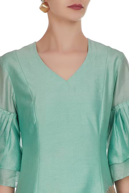 Shruti Ranka_Blue Sky Asymmetrical Tunic With Embroidered Palazzos_at_Aza_Fashions