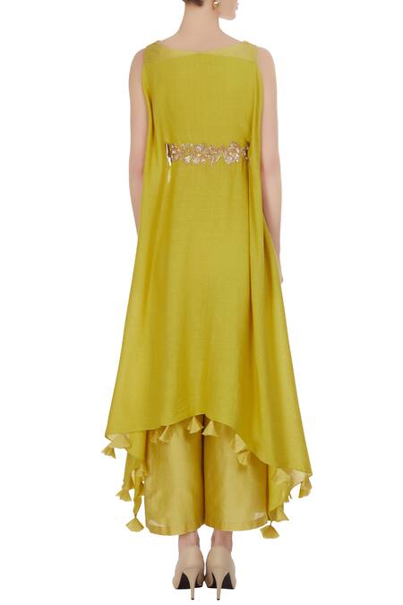 Shop Shruti Ranka Green Chanderi Silk Lime Sequin Crop Top With Attached Drapes Belt And Pants at Aza Fashions Shop_Shruti Ranka_Green Chanderi Silk Lime Sequin Crop Top With Attached Drapes Belt And Pants_at_Aza_Fashions