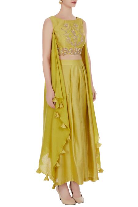 Shruti Ranka Green Chanderi Silk Lime Sequin Crop Top With Attached Drapes Belt And Pants Online at Aza Fashions Shruti Ranka_Green Chanderi Silk Lime Sequin Crop Top With Attached Drapes Belt And Pants_Online_at_Aza_Fashions