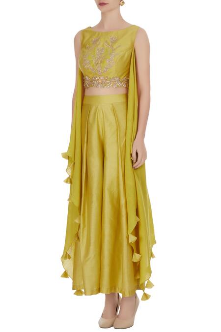 Buy Shruti Ranka Green Chanderi Silk Lime Sequin Crop Top With Attached Drapes Belt And Pants Online at Aza Fashions Buy_Shruti Ranka_Green Chanderi Silk Lime Sequin Crop Top With Attached Drapes Belt And Pants_Online_at_Aza_Fashions