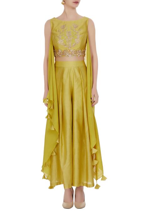 Shop Shruti Ranka Green Chanderi Silk Lime Sequin Crop Top With Attached Drapes Belt And Pants Online at Aza Fashions Shop_Shruti Ranka_Green Chanderi Silk Lime Sequin Crop Top With Attached Drapes Belt And Pants_Online_at_Aza_Fashions