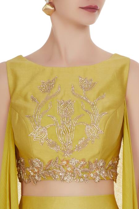 Shruti Ranka Green Chanderi Silk Lime Sequin Crop Top With Attached Drapes Belt And Pants at Aza Fashions Shruti Ranka_Green Chanderi Silk Lime Sequin Crop Top With Attached Drapes Belt And Pants_at_Aza_Fashions