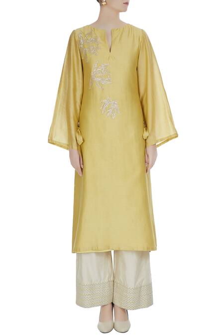 Shop Shruti Ranka Yellow Chanderi Silk Notched Kurta And Palazzo Set Online at Aza Fashions Shop_Shruti Ranka_Yellow Chanderi Silk Notched Kurta And Palazzo Set_Online_at_Aza_Fashions