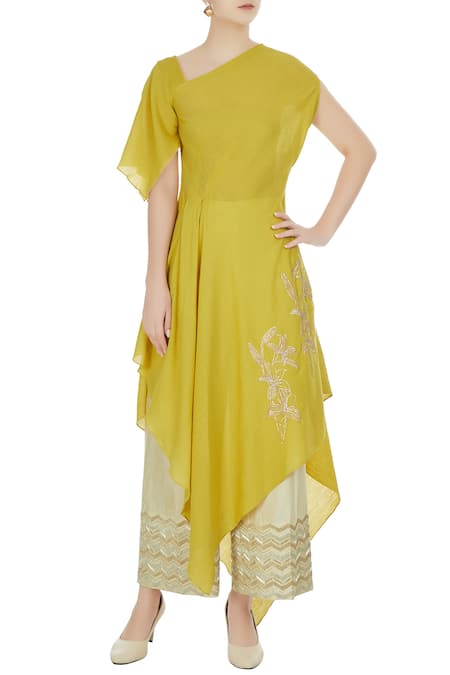 Shruti Ranka Lime green asymmetric draped kurta with chevron palazzos 