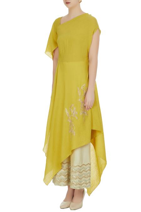Buy_Shruti Ranka_Green Lime Asymmetric Draped Kurta With Chevron Palazzos_Online_at_Aza_Fashions