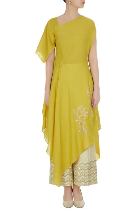 Shop_Shruti Ranka_Green Lime Asymmetric Draped Kurta With Chevron Palazzos_Online_at_Aza_Fashions