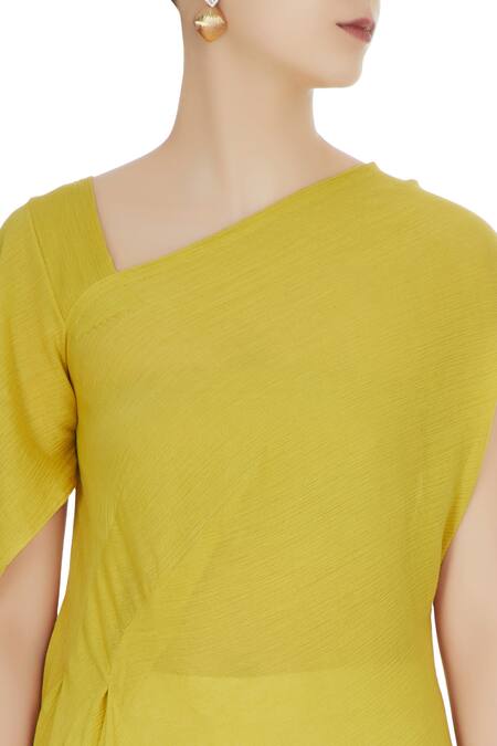 Shruti Ranka_Green Lime Asymmetric Draped Kurta With Chevron Palazzos_at_Aza_Fashions