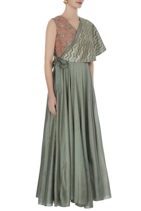 Shruti Ranka_Grey Sea-salt Embroidered Anarkali With Tie-up Cape_Online_at_Aza_Fashions